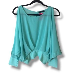 BLVD Aqua Blue Sheer Batwing Cold Shoulder Top